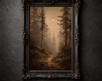 Impresión de un camino forestal brumoso, pinos sepia iluminados por la luna, decoración cottagecore oscura, póster de arte mural imprimible