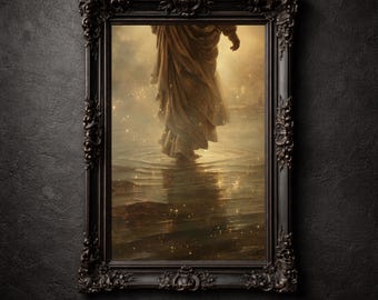 Jesús caminando sobre el agua, lámina de arte de Whimsigoth, decoración de pared imprimible, póster gótico cristiano