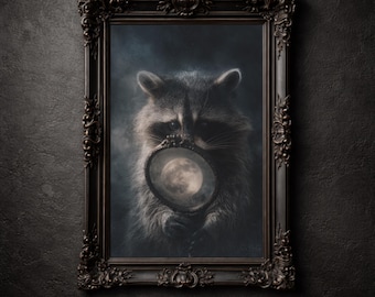 Impresión de mapache con espejo lunar, arte de pared imprimible de Whimsigoth, decoración gótica, póster místico de Dark Academia