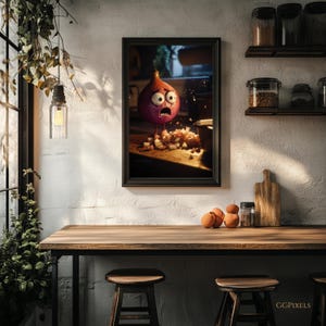 Lustige Küche Wandkunst, wunderliche Zwiebel Druck, schrullige Koch Dekoration, Bauernhaus Chef Kunstwerk, niedliche Lebensmittel Illustration, digitales Küchen Poster