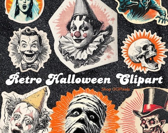 Retro Halloween PNG Stickers – Mid-Century Horror Clipart Bundle, 12 Designs, Digital Download