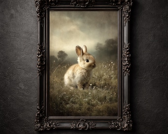Impresión de prado de conejo, decoración vintage imprimible, arte mural de pintura al óleo sepia, póster cottagecore