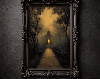 Impresión de capilla gótica melancólica, decoración de pared cristiana imprimible, póster de camino de fe en el bosque oscuro