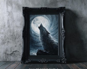 Howling Wolf Under Full Moon Printable Wall Art Print, Moody Oil Painting, Gothic Decor