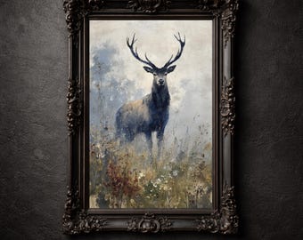 Arte de pared imprimible de ciervo, retrato minimalista de ciervo en un prado salvaje, decoración rústica de vida silvestre con un toque melancólico.