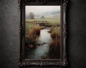 Impresión de paisaje de Misty Creek, decoración rústica de granja, póster de arte mural imprimible con pasto neutro
