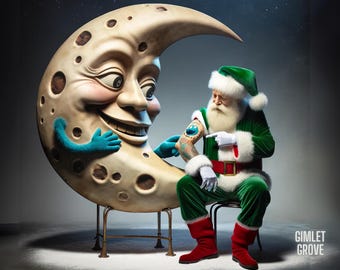 Puede incluir: Una imagen caprichosa de Papá Noel con un tatuaje en el brazo, interactuando con una luna antropomórfica sonriente. Papá Noel viste un traje de terciopelo verde con ribetes blancos y botas rojas. La luna es beige con una cara amigable y brazos azules.