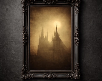 Silueta de catedral gótica, impresión sepia de un antiguo maestro, arte mural imprimible, decoración gótica, Dark Academia