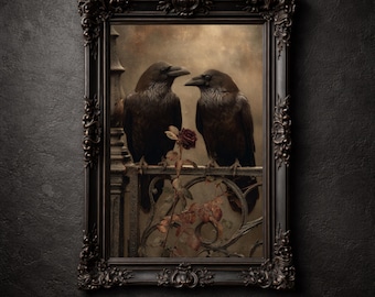 Impresión gótica de pareja de cuervos, romance victoriano con rosas, póster de arte mural imprimible, decoración de San Valentín
