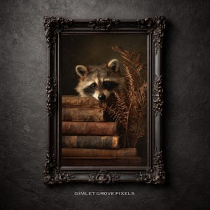 May include: A framed artwork featuring a raccoon peeking over a stack of old books. The raccoon has a black and white face and is surrounded by dried plants. The frame is ornate and dark, with the text "GIMLET GROVE PIXELS" at the bottom.