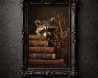 Impresión de pila de libros de mapache, arte mural de bosque melancólico, imprimible de biblioteca vintage, decoración de cabaña gótica