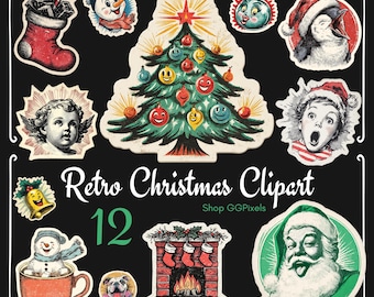 May include: A collection of 12 retro Christmas clipart images on a black background. Includes a Christmas tree, Santa Claus, a snowman in a mug, a fireplace, a Christmas stocking, and other festive illustrations. The text "Retro Christmas Clipart" is also present.