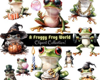 誕生日パーティーのカエル、水彩風のカラフルなイラスト。ケーキ、風船