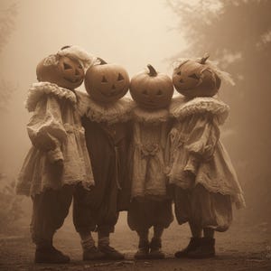 Puede incluir: Cuatro figuras con disfraces de Halloween vintage se juntan. Cada figura lleva una cabeza de calabaza tallada y un atuendo color crema con un cuello con volantes. La escena se desarrolla en un entorno exterior brumoso y sepia, evocando una atmósfera espeluznante.