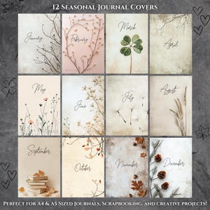 Op de afbeelding: Twaalf seizoensgebonden tijdschriftomslagen worden getoond, elk vertegenwoordigt een maand met botanische illustraties. De omslagen bevatten delicate bloemen- en plantenafbeeldingen, waaronder takken, bladeren en bloemen. De maanden zijn in elegant schrift geschreven. De tekst onderaan luidt: "PERFECT FOR A4 & A5 SIZED JOURNALS, SCRAPBOOKING, AND CREATIVE PROJECTS!"