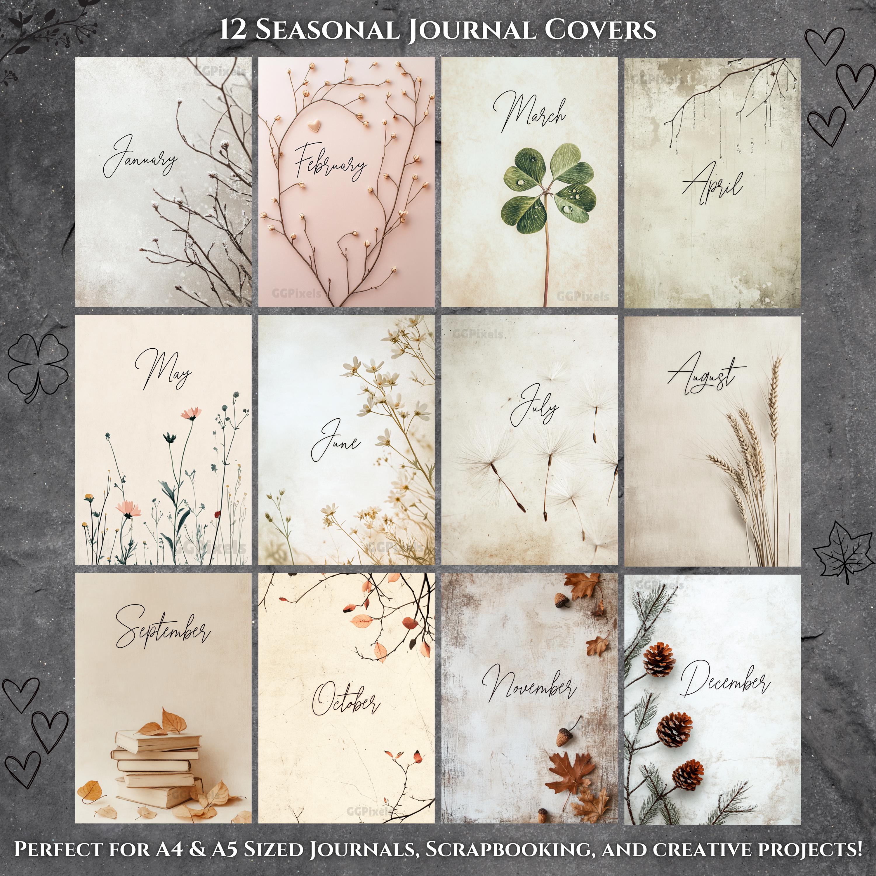 Printable Journal Covers PNG Bundle Seasonal PNG Designs A4 A5 Minimalist Planner Inserts Digital Notebook Pages Scrapbook Aesthetic