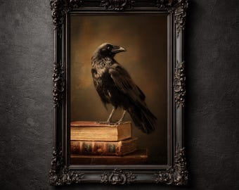 Arte mural de Dark Academia Raven, imprimible vintage, decoración gótica, arte para amantes de los libros góticos