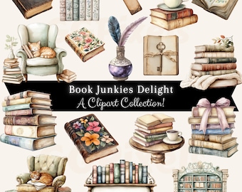 Watercolor Book Clipart Bundle: Retro Bookshop Decor, Bookish Library Graphics Printable PNG (Digital Download)