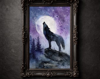 Acuarela de lobo a la luz de la luna imprimible, pintura de cielo nocturno de Whimsigoth, silueta de bosque místico, decoración de pared