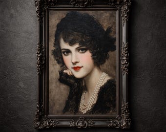 Impresión vintage de mujer glamurosa, retrato con collar de perlas, belleza del viejo Hollywood, arte mural romántico y oscuro.