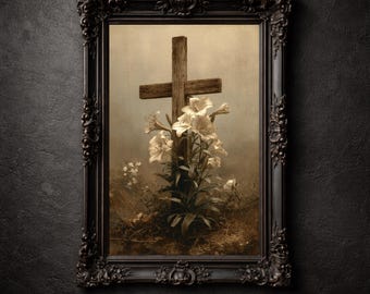 Impresión de lirio de Pascua, decoración de pared cristiana imprimible, póster vintage sepia con fe melancólica