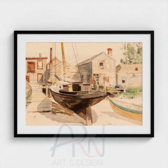 Childe Hassam Fishhouses Swampscott 1882 Digital Download | Vintage Coastal Watercolor Print | Antique Nautical Boat Painting Wall Art Deco