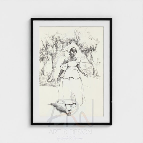 Small Printable Vintage African Woman Sketch • 1958 Conakry Guinea Drawing • Mid Century Black & White Pencil Art • Instant Digital Download