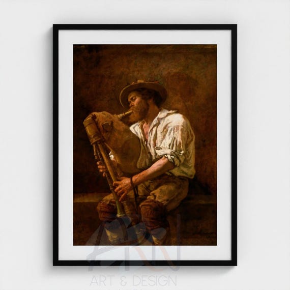 Thomas Couture Pifferaro Print, Framed Italian Bagpiper Painting, Fine Art Reproduction, Museum Grade Solid Wood Box Frame Wall Decor