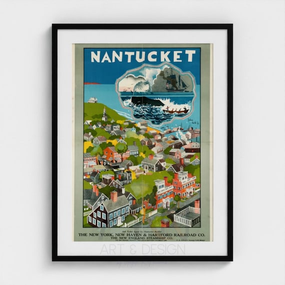 Vintage Nantucket Travel Poster Digital Download, New England Whaling Wall Art, Retro Railroad Print, Coastal Decor, Printable File