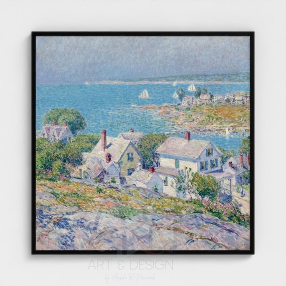 Coastal Impressionist Painting Printable Wall Art, Nautical Landscape Poster, New England Coastal Town Decor