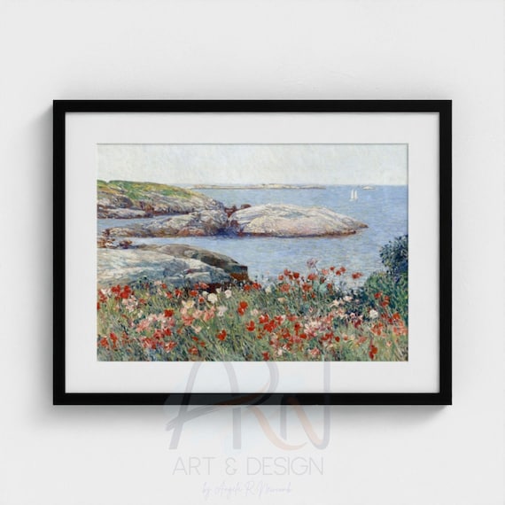Printable Isles of Shoals 1891 by Childe Hassam, Vintage American Impressionist Painting, Coastal Landscape Wall Art, Red Poppy Flower Print
