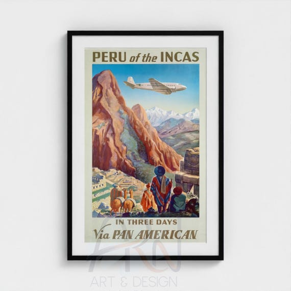 Vintage Peru Travel Poster Print, Pan American Aviation Art, Retro Machu Picchu Wall Decor, 1930s South America Digital Download