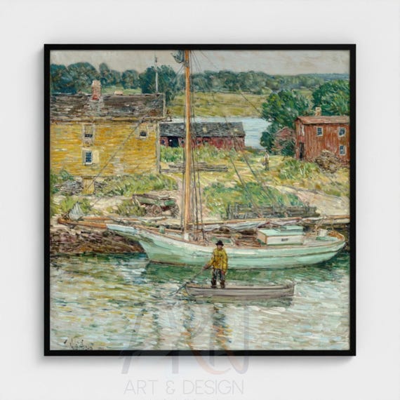 Childe Hassam Oyster Sloop Cos Cob Art Print, Framed Maritime Landscape Painting, Museum Grade Solid Wood Box Frame Fine Art
