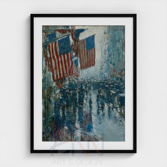 Childe Hassam Rainy Day Fifth Avenue 1916, American Flag Vintage Wall Art, Patriotic NYC Impressionism