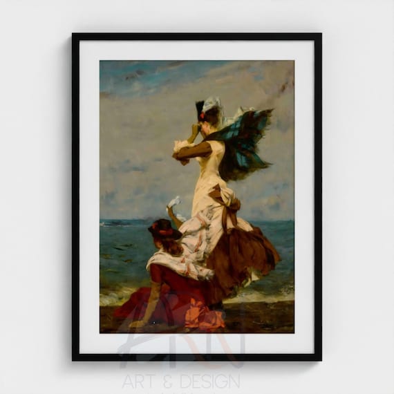 Framed Art Print Vintage Women on Beach Painting, Victorian Seaside Wall Art, Coastal Home Decor