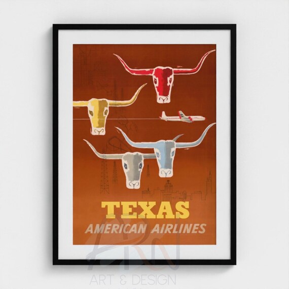 Vintage Texas American Airlines Travel Poster Print, Retro 1953 Martin Glanzman Art, Western Longhorn Digital Download Wall Art