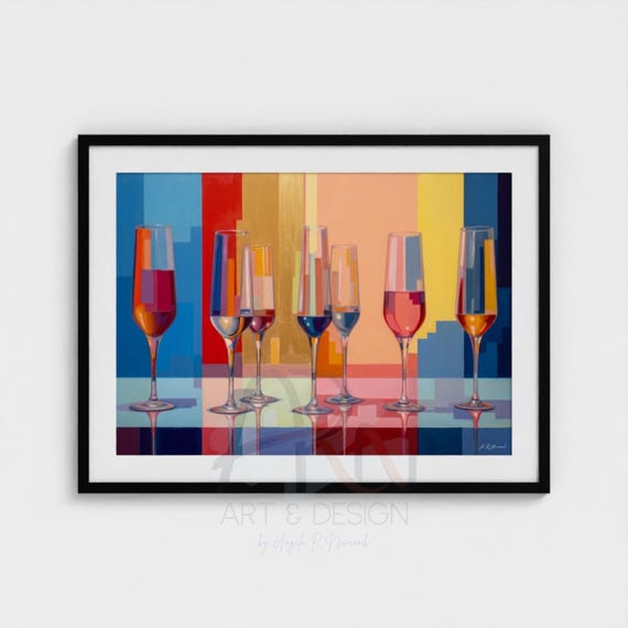 Printable Colorful Art Deco Style Champagne Wall Art, Modern Bar Cart Decor | Original Art by Angela Newcomb