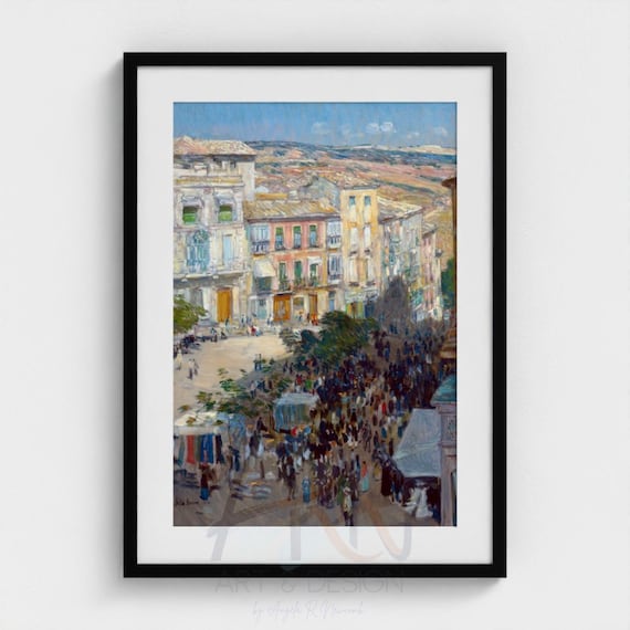 Printable View of a Southern French City 1910 by Childe Hassam, Vintage Impressionist Oil Painting, European Cityscape Art, French Market