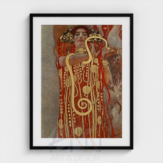 Gustav Klimt Hygieia Medicine Print, Vintage Art Nouveau Poster Digital Download, Exhibition Canvas Wall Decor, Eclectic Gold Red Print