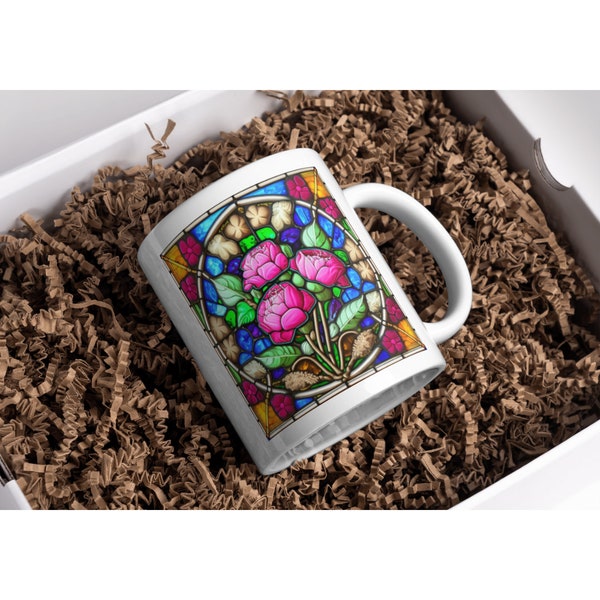 Stained Glass Pink Rose Mug | Flower Mugs | Mother's Day | Rose Mugs | Grandma Gifts
