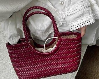 Small Basket Handbag, Woven Leather Tote Bag, Summer Picnic Bags
