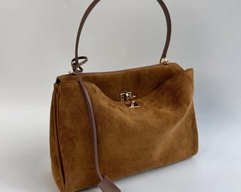 Suede Leather Tote Bag,  Minimalist Tote Bag, Leather Shoulder Bag