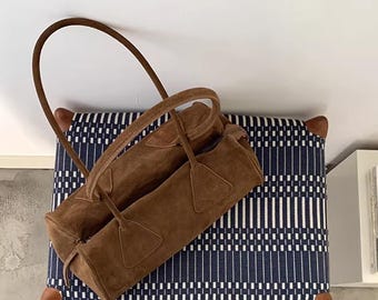 Suede Tote Bag,Genuine Leather Top Handle Bag,Minimal Design Handbag