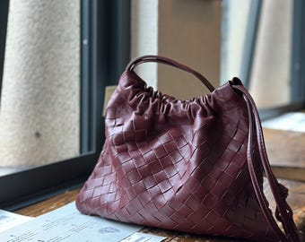 Slouchy Woven Shoulder Bag,Woven Drawstring Pouch,Sheepskin Trendy Leather Bag