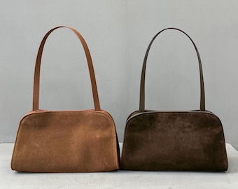Borsa tote in pelle scamosciata minimale, borsa a tracolla in vera pelle, borsa a mano in pelle senza tempo