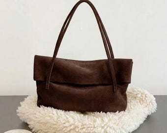Suede Hobo Bag,Slouchy Design Handbag,Genuine Leather Tote Bag