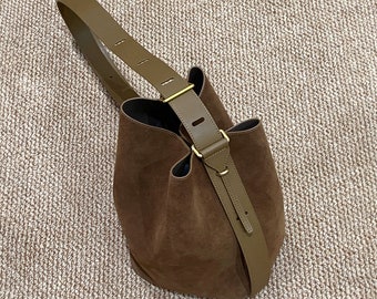 Suede Minimal Bucket Tote, Women Shoulder Bag, Large Suede Handbag
