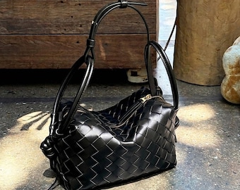 Woven Small Handbag,Genuine Leather Shoulder Bag,Minimalist Top Handle Bag