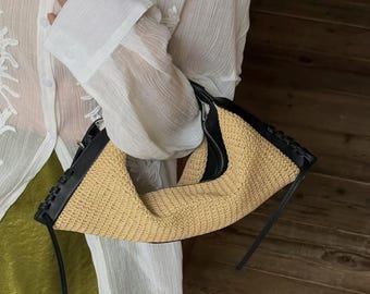 Raffia Handbag,Leather Shoulder Bag, Minimalist Design Bag,Woven Straw Bags