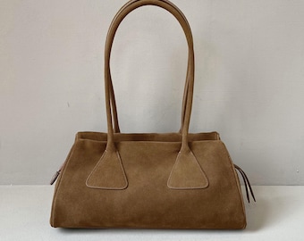 Suede Tote Bag,Genuine Leather Top Handle Bag,Minimal Design Handbag